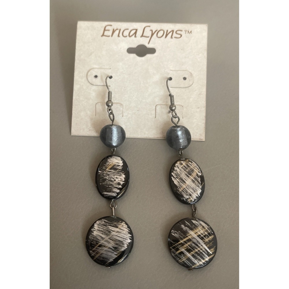 Vintage Erica Lyons Art Glass Earrings Black Silver Tone‎